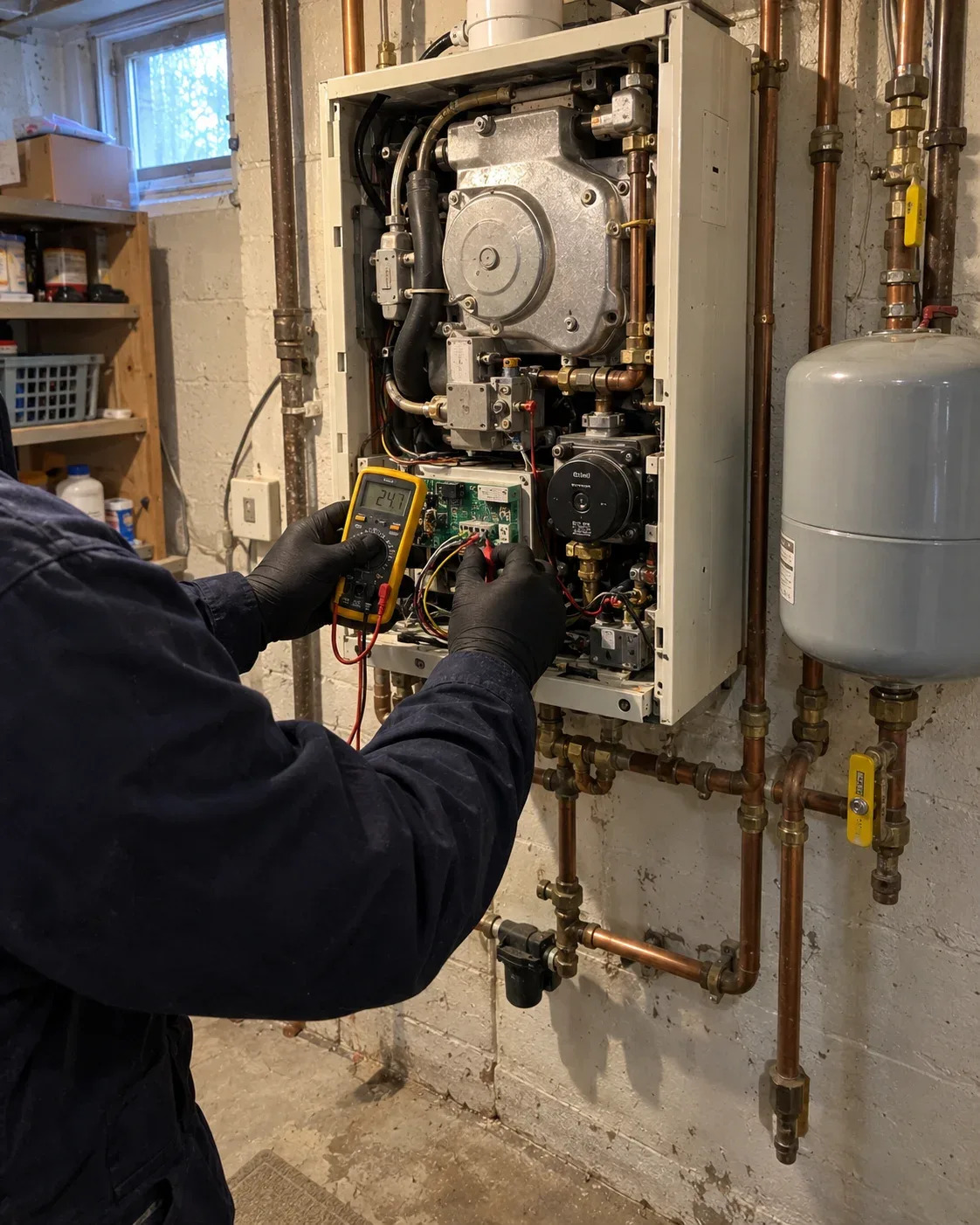 Boiler repair Toronto — gas technician diagnosing an older wall-mounted boiler